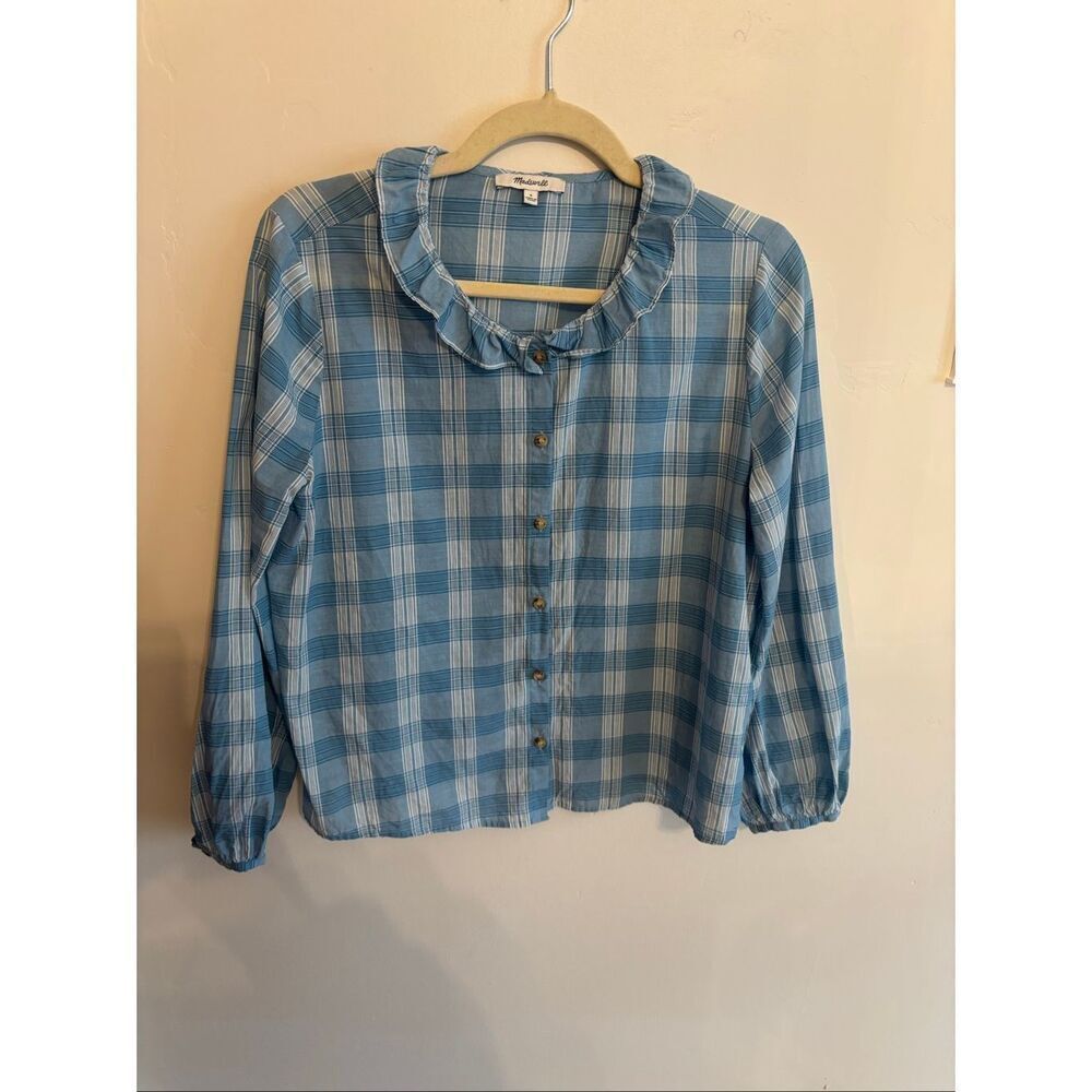 Madewell Colwell Plaid Ruffle Neck Blouse Small Blue Button Up Peasant Top Cotto - Picture 2 of 8